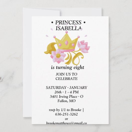 Invitation d'anniversaire de princesse rose et or (Devant)