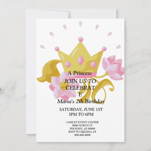 Invitation d'anniversaire de princesse rose et or. (Devant)
