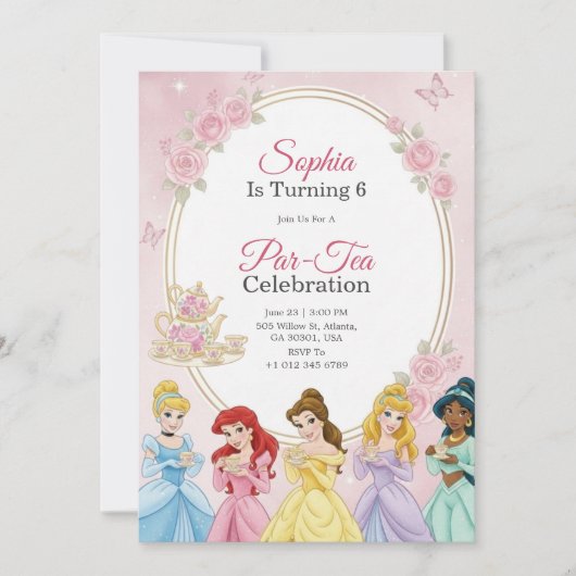 Invitation d'anniversaire de princesse sur le thèm (Devant)