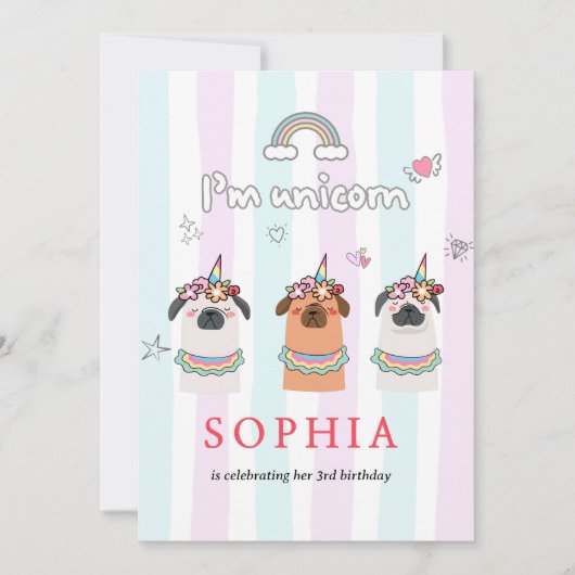 Invitation d'anniversaire de Pug Licorne Magique (Devant)