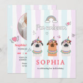 Invitation d'anniversaire de Pug Licorne Magique (Devant / Derrière)
