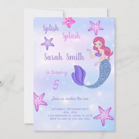 Invitation d'anniversaire de Purple Sirène (Devant)
