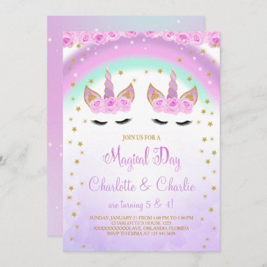 Invitation d'anniversaire de Purple Twins Unicorn (Devant / Derrière)