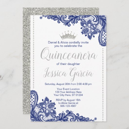 Invitation d'anniversaire de Quinceañera | Bleu et (Devant / Derrière)