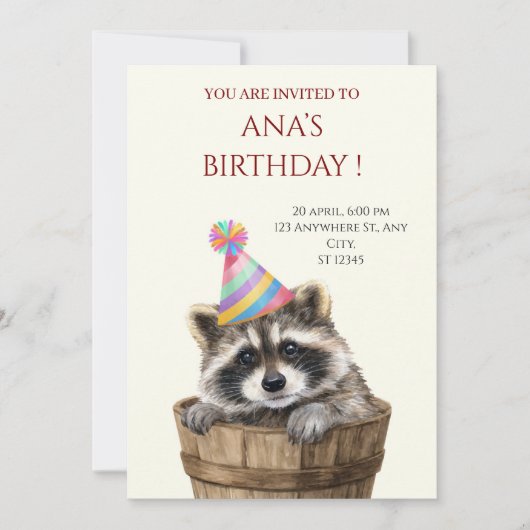 Invitation d'anniversaire de raton laveur mignon (Devant)