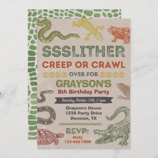 Invitation d'anniversaire de reptile | Partie de r (Devant / Derrière)