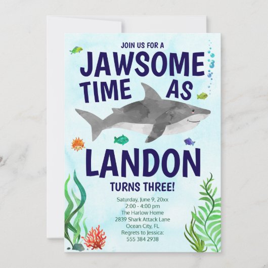 Invitation d'anniversaire de requin Jawsome - Sous (Devant)