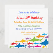 Invitation d'anniversaire de requins de couleur (Devant / Derrière)