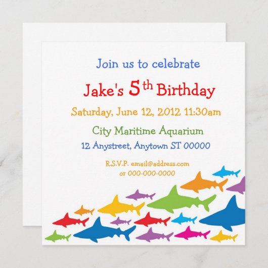 Invitation d'anniversaire de requins de couleur (Devant / Derrière)