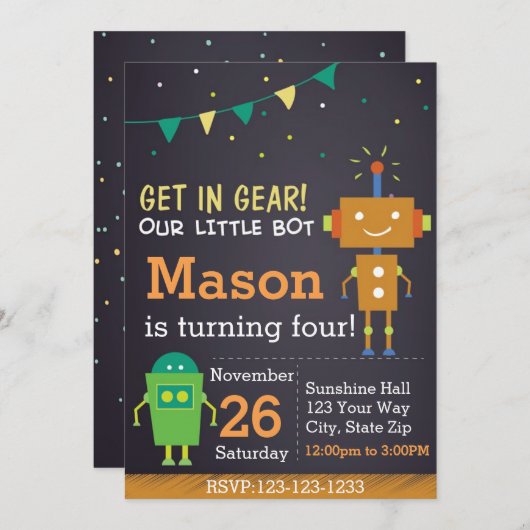 Invitation d'anniversaire de robot (garçon) (Devant / Derrière)