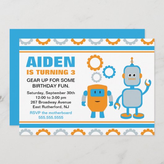 Invitation d'anniversaire de Robot Gear (Devant / Derrière)