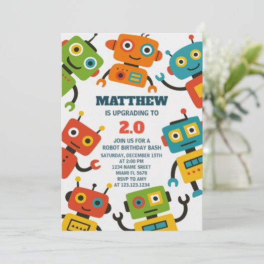 Invitation d'anniversaire de Robot modifiable (Debout devant)