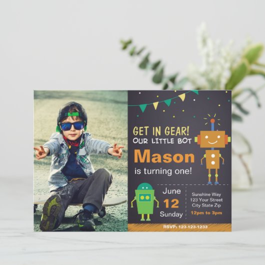 Invitation d'anniversaire de Robot Orange avec pho (Debout devant)