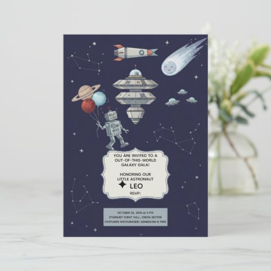 Invitation d'anniversaire de robot spatial mignon (Debout devant)