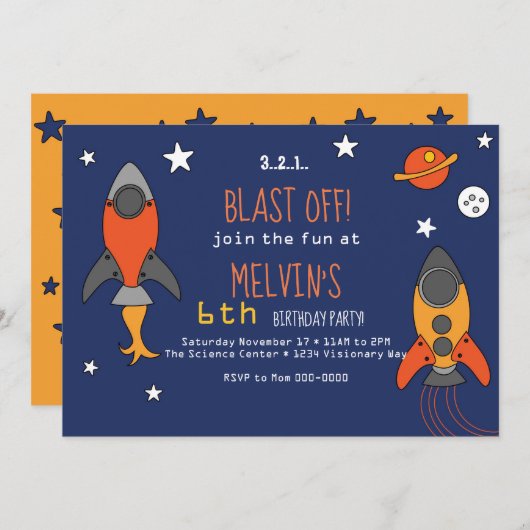 Invitation d'anniversaire de Rocket Ship (Devant / Derrière)