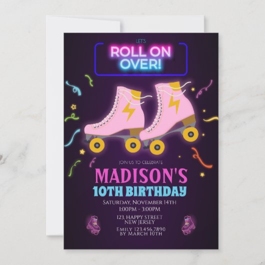 Invitation d'anniversaire de roller en néon (Devant)