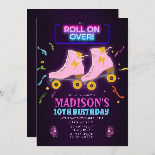 Invitation d'anniversaire de roller en néon (Devant / Derrière)