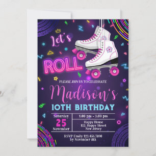 Invitation d'anniversaire de roller en néon
