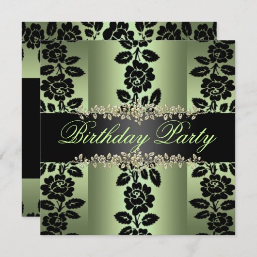 Invitation d'anniversaire de Rose vert et noir (Devant / Derrière)