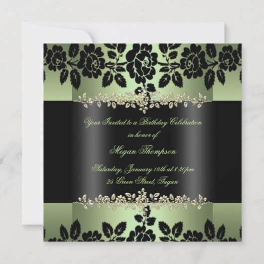 Invitation d'anniversaire de Rose vert et noir (Dos)