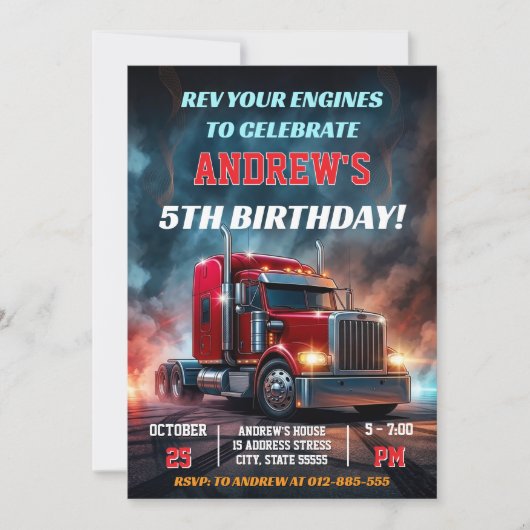 Invitation d'anniversaire de semi-remorque personn (Devant)