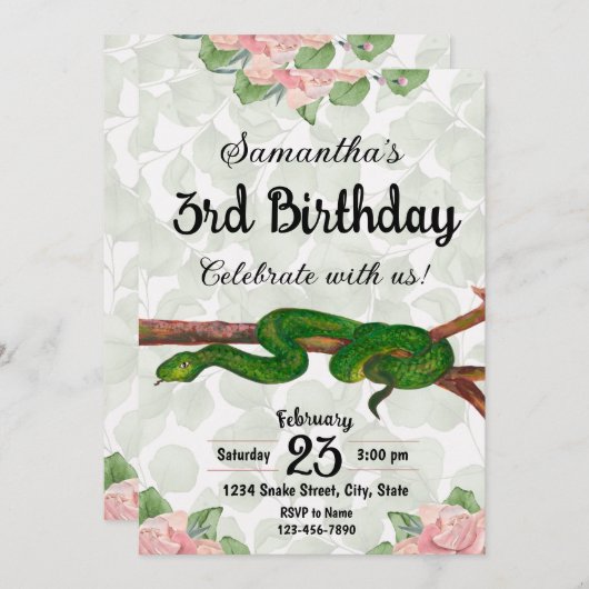 Invitation d'anniversaire de serpent fille (Devant / Derrière)