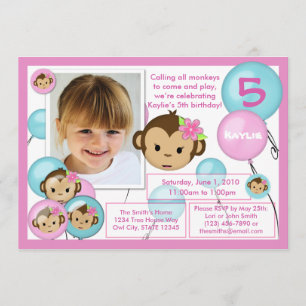 Invitation d'anniversaire de singe bleu rose (phot