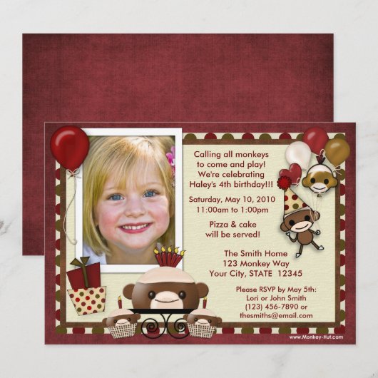 Invitation d'anniversaire de singe de chaussette (Devant / Derrière)