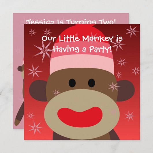 Invitation d'anniversaire de singe de chaussette (Devant / Derrière)