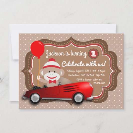 Invitation d'anniversaire de Singe en Chaussette (Devant)
