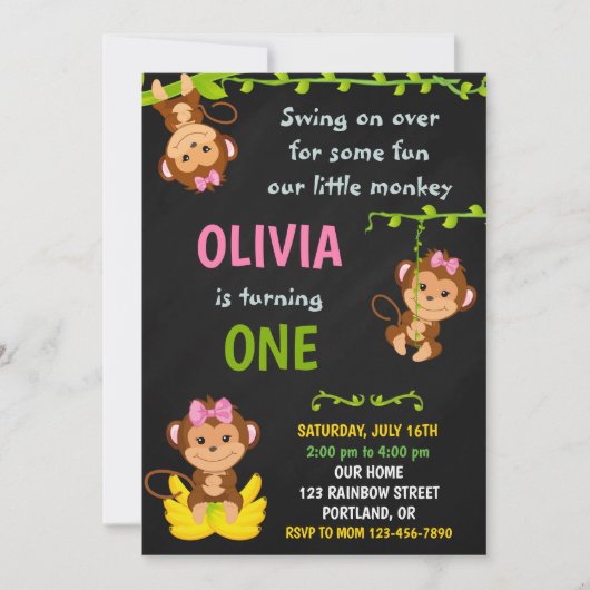 Invitation d'anniversaire de singe Fille 1er anniv (Devant)
