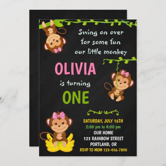 Invitation d'anniversaire de singe Fille 1er anniv (Devant / Derrière)