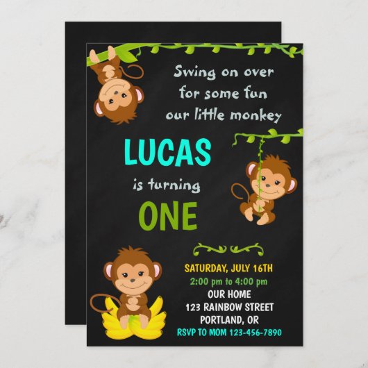 Invitation d'anniversaire de singe Garçon 1ère fêt (Devant / Derrière)
