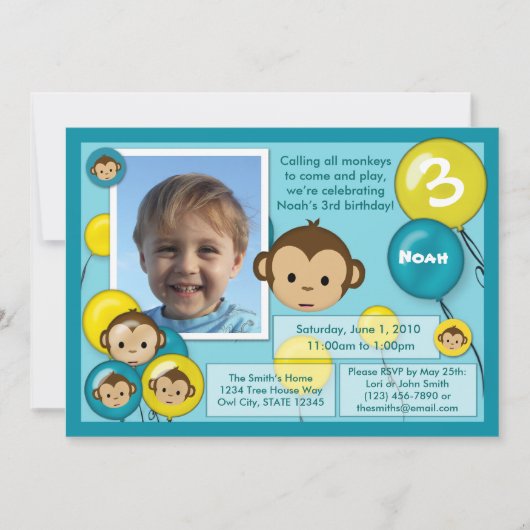 Invitation d'anniversaire de singe jaune bleu (pho (Devant)