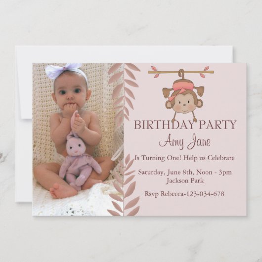 Invitation d'anniversaire de singe rose (Devant)