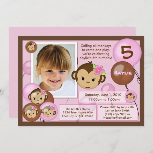 Invitation d'anniversaire de singe rose (photo) (Devant / Derrière)
