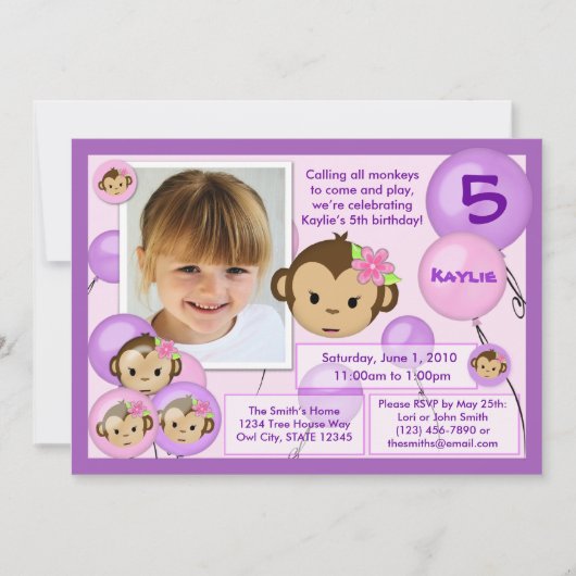 Invitation d'anniversaire de singe rose violet (ph (Devant)