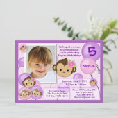 Invitation d'anniversaire de singe rose violet (ph (Debout devant)