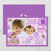 Invitation d'anniversaire de singe rose violet (ph (Devant / Derrière)