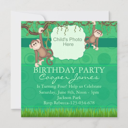 Invitation d'anniversaire de singe vert amusant ph (Devant)