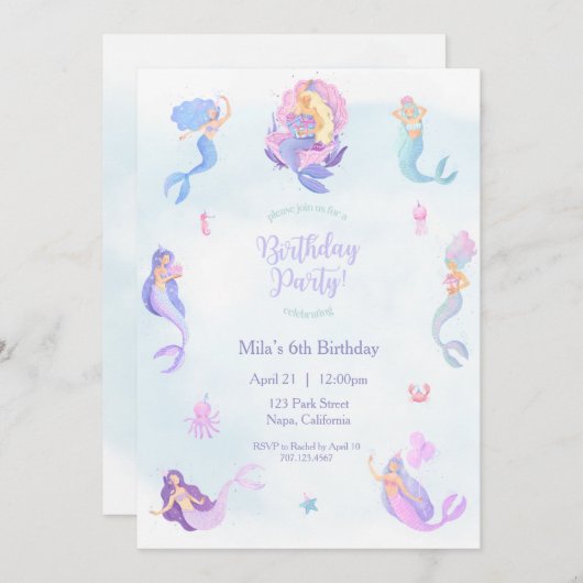 Invitation d'anniversaire de Sirène (Devant / Derrière)