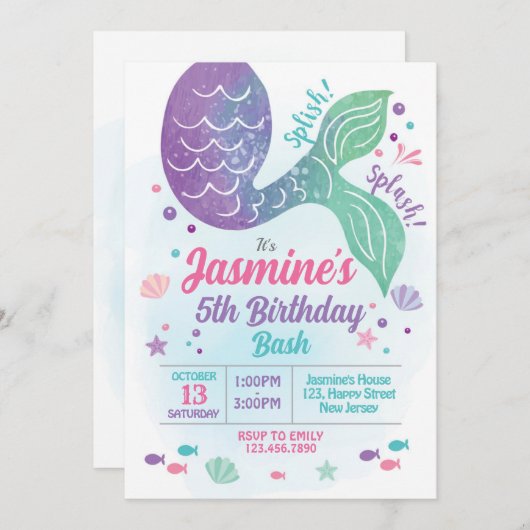 Invitation d'anniversaire de Sirène (Devant / Derrière)