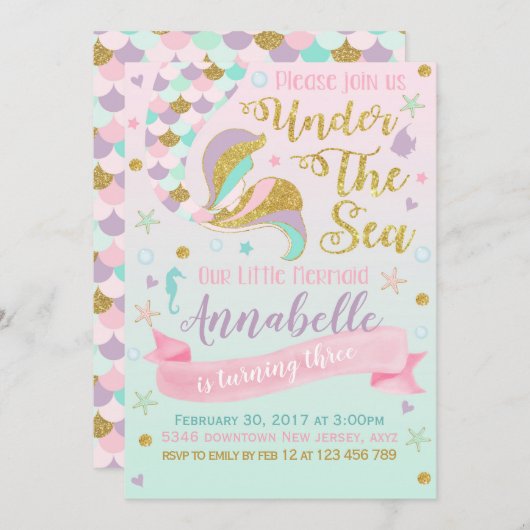 Invitation d'anniversaire de Sirène (Devant / Derrière)