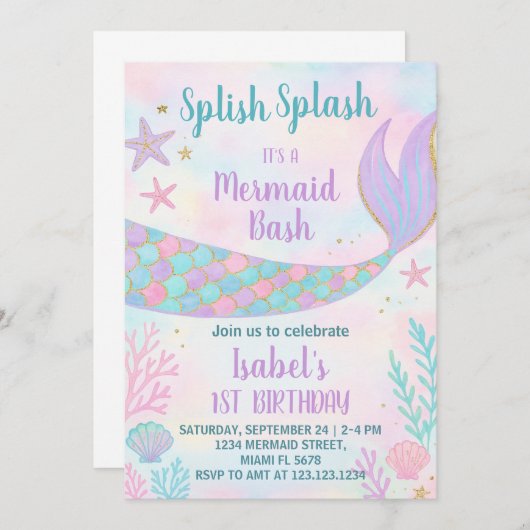 Invitation d'anniversaire de Sirène (Devant / Derrière)