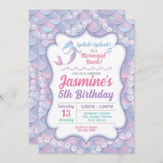 Invitation d'anniversaire de Sirène (Devant / Derrière)