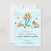 Invitation d'anniversaire de sirène à l'aquarelle (Devant)