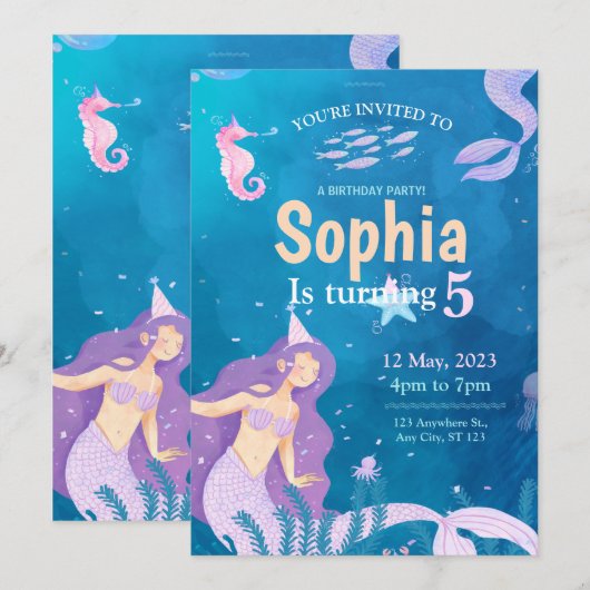 Invitation d'anniversaire de sirène bleu et violet (Devant / Derrière)