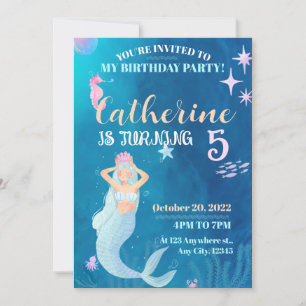 Invitation d'anniversaire de Sirène bleue et rose