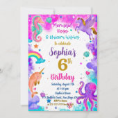 Invitation d'anniversaire de sirène et de licorne (Devant)