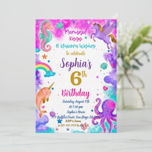 Invitation d'anniversaire de sirène et de licorne (Debout devant)
